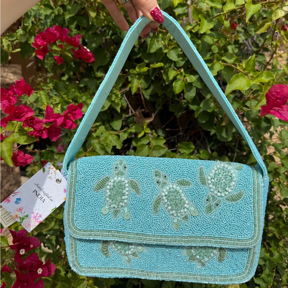 NWT Turtle Design Blue Embellished Beaded Shoulder Bag Made in India Brand New